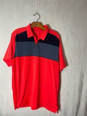 Under Armour Men’s Bright Orange Polo with Navy and Gray Chest Panels